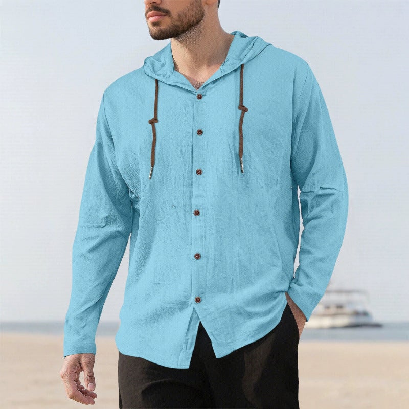 Men's Cotton Hooded Long Sleeve Solid Color Casual Shirt - Image 2