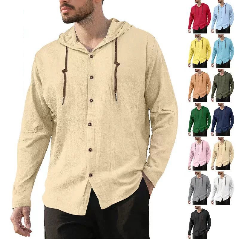 Men's Cotton Hooded Long Sleeve Solid Color Casual Shirt - Image 1