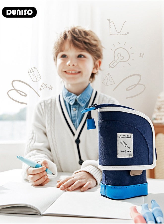 DUNISO Large Capacity Portable Standing Pen Telescopic Holder,Blue Simple Multifunctional Upright Pencil Case with Durable Zipper,Switch Between Pen Pouch and Pen Holder for Kids,Color Matching Design Suitable for School College Office Gift  - Image 2