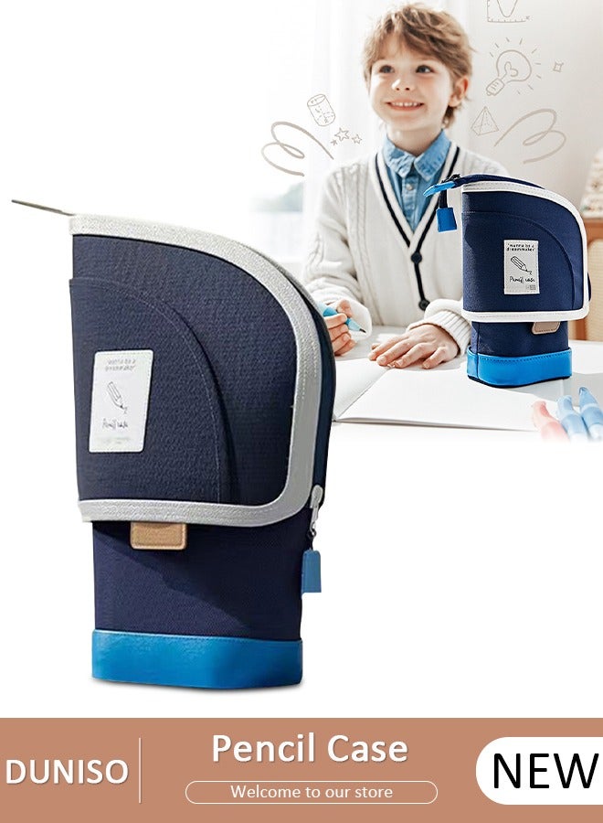 DUNISO Large Capacity Portable Standing Pen Telescopic Holder,Blue Simple Multifunctional Upright Pencil Case with Durable Zipper,Switch Between Pen Pouch and Pen Holder for Kids,Color Matching Design Suitable for School College Office Gift - Image 1