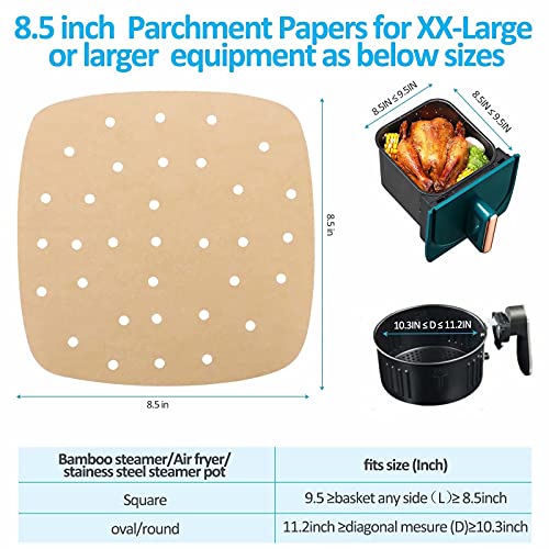 DNSSY Air Fryer Parchment Paper Liners: 200PCS 8.5 inch Square Perforated parchment paper for Air Fryer, Premium Bamboo Steamer Liner for Air Fryers Baking Cooking Oven - Image 2