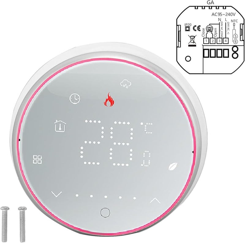 ثرموستات رقمي دائري مدمج أبيض قابل للبرمجة لسخان المياه AC95 240V بشاشة عرض LED - Image 1