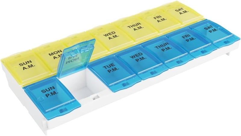 Ezy Dose EZY DOSE Pill Organizer Weekly AM/PM (7-Day), Medicine Planner, Vitamin Case/Box, 2X-Large Locking Compartments to Secure Prescription and Prevent Accidental Spilling, Blue and Yellow, BPA Free 