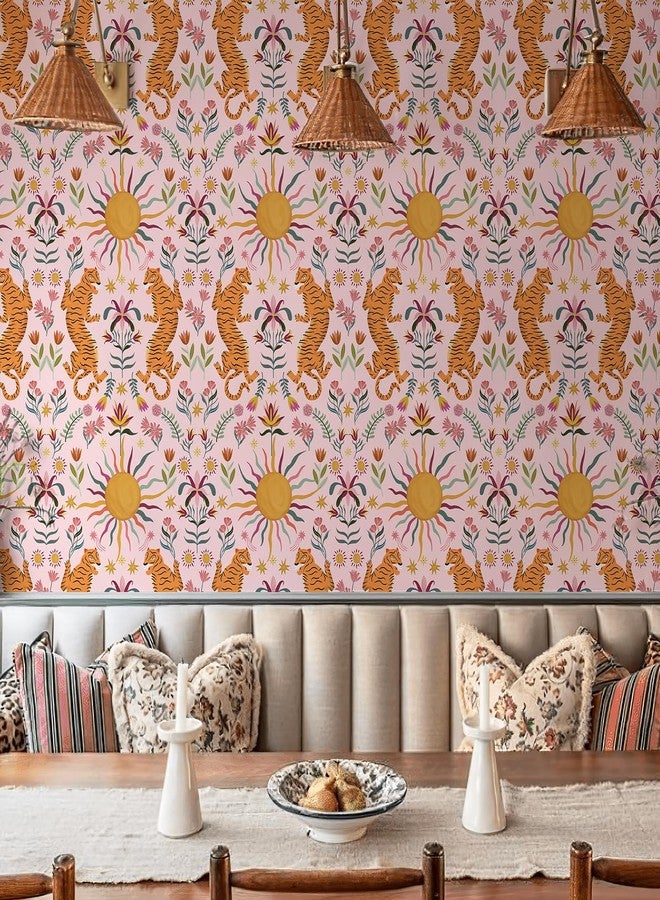 JiffDiff Pink Tiger Peel and Stick Wallpaper - Removable Self Adhesive Wall Paper for Bedroom, Living Room, Nursery Waterproof DIY Wall Decor (17.3" x 120") - Image 1
