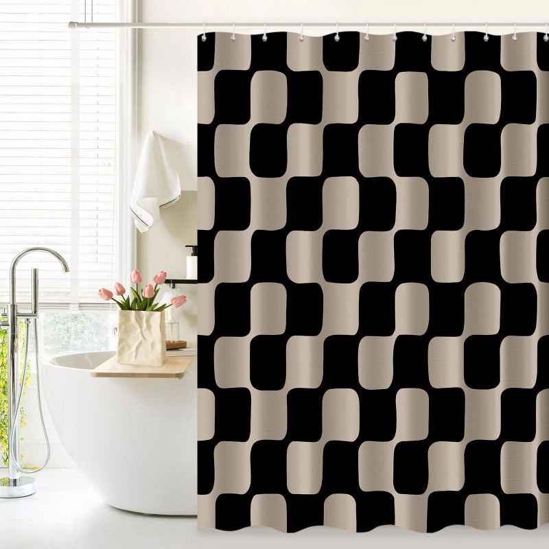 Tititex Retro Checkerboard Grid Pattern 140gsm Faux Linen Fabric Shower Curtain, Black Brown Classical Groovy Wavy Checkered Shower Curtain Sets Decoration 72x72 Inch with Hooks - Image 2