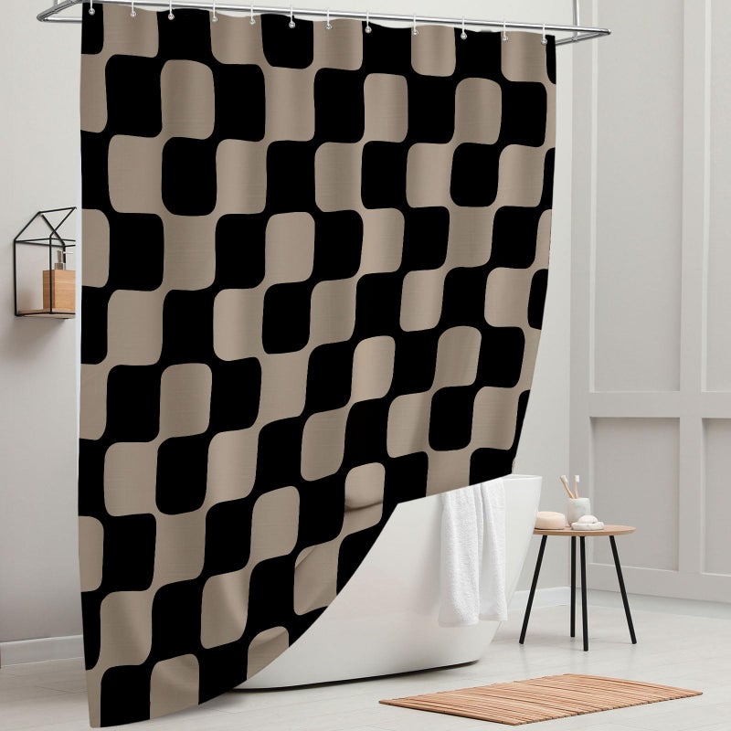 Tititex Retro Checkerboard Grid Pattern 140gsm Faux Linen Fabric Shower Curtain, Black Brown Classical Groovy Wavy Checkered Shower Curtain Sets Decoration 72x72 Inch with Hooks - Image 3