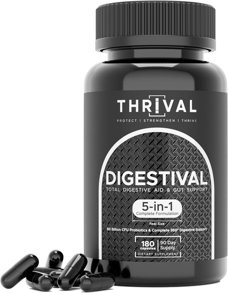 Thrival ديجيستيفال 5 في 1 صيغة صحة الأمعاء بروبيوتيك بروبيوتيك إنزيمات شفاء الأمعاء تخفيف الانتفاخ مع 53 مكون و 60 مليار CFU ودعم متقدم لمتلازمة الأمعاء المتهيجة والأمعاء المتسربة ورفاهية الهضم - Image 1