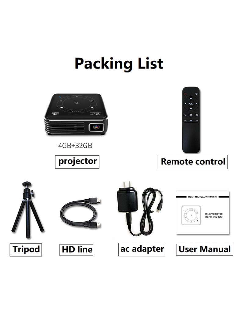DLP - Mini DLP Portable Intelligent Micro Projector with Android 9.0 System, WiFi Bluetooth Wireless Projector Built In Battery,Portable 3D 4K HD Co-screen Projector Includes Tripod& Remote Control - Image 1