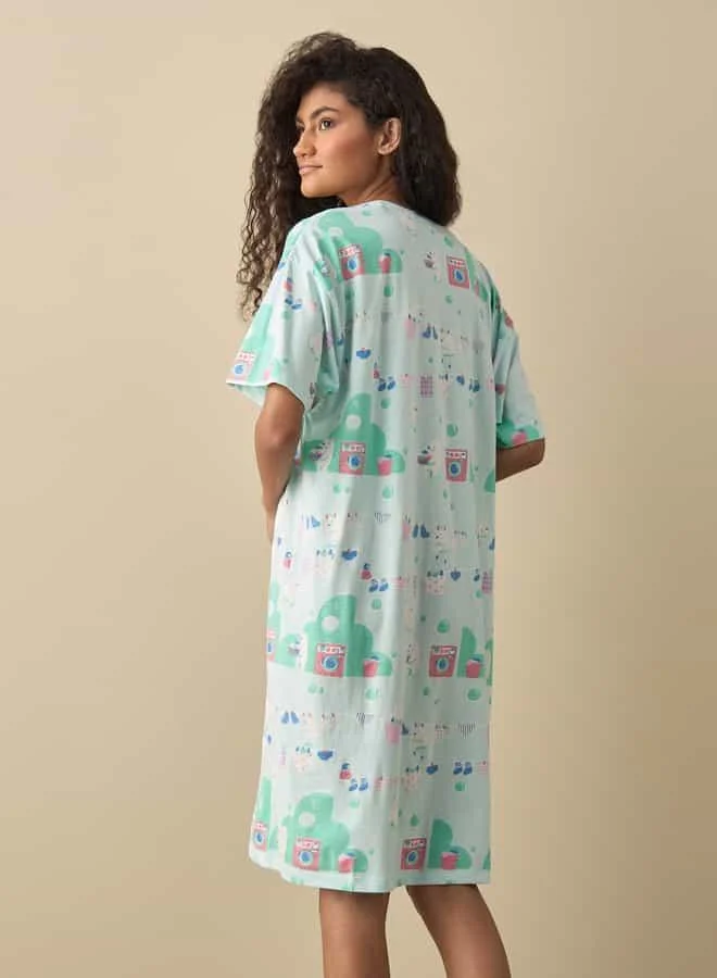 Splash FAV Printed Sleepshirt with Round Neck and Short Sleeves