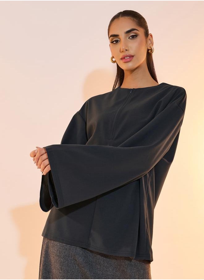Take Two Solid Half-Zipper Bell Slevee Blouse  - Image 1