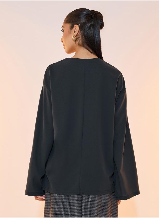 Take Two Solid Half-Zipper Bell Slevee Blouse  - Image 4