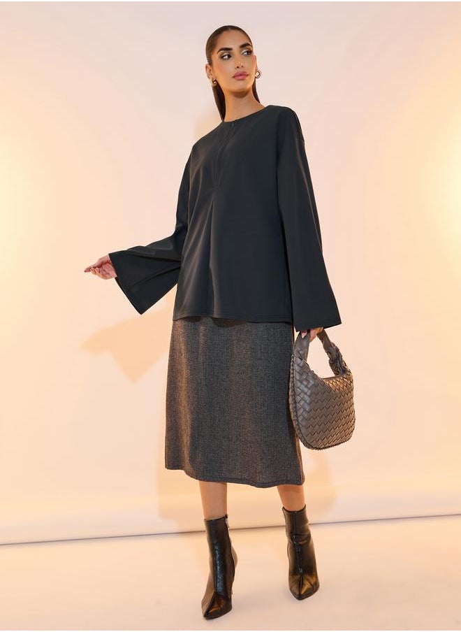 Take Two Solid Half-Zipper Bell Slevee Blouse  - Image 2