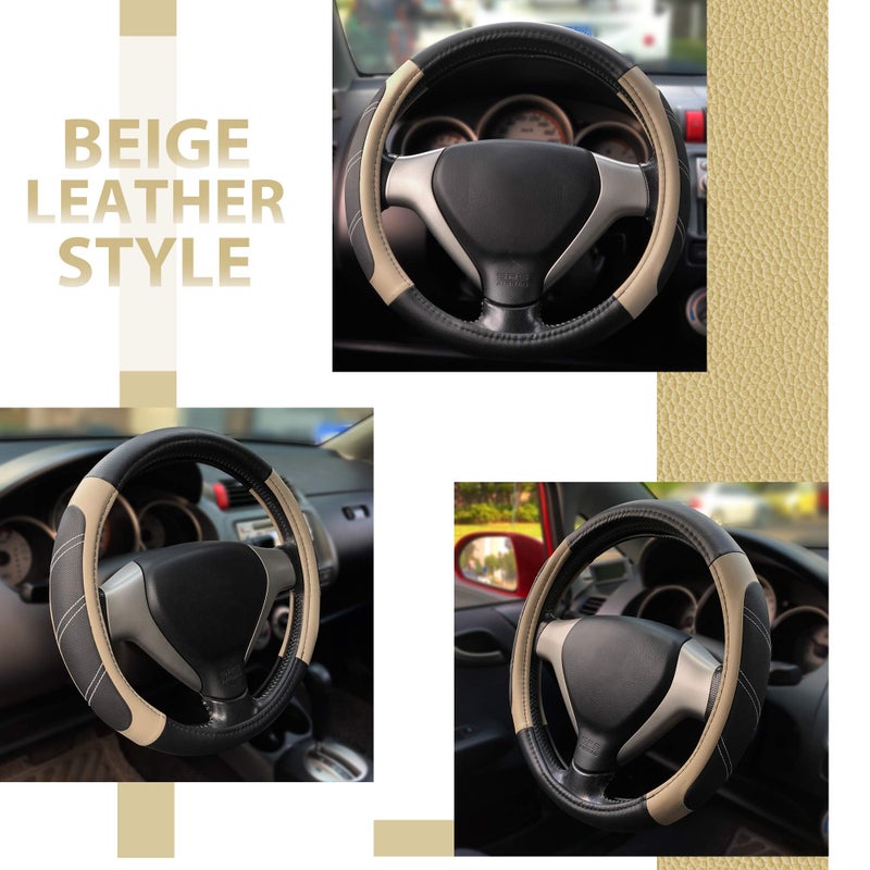 Elantrip Sport Leather Steering Wheel Cover 14 1/2 inch to 15 inch Universal, Padded Soft Grip Breathable for Car Truck SUV Jeep, Anti Slip Odorless Black and Beige - Image 4