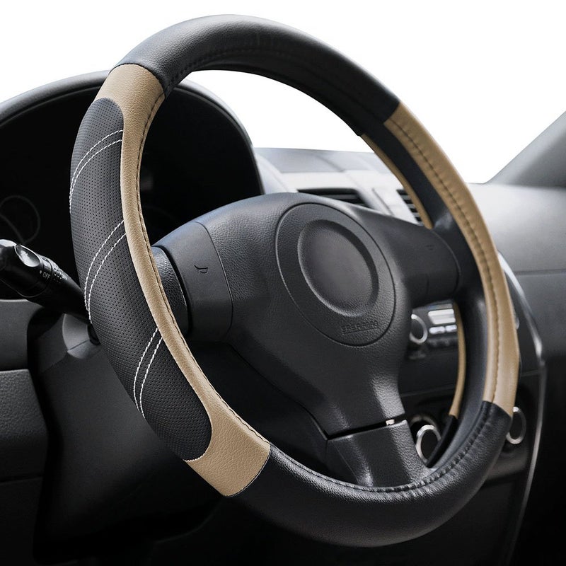 Elantrip Sport Leather Steering Wheel Cover 14 1/2 inch to 15 inch Universal, Padded Soft Grip Breathable for Car Truck SUV Jeep, Anti Slip Odorless Black and Beige - Image 1
