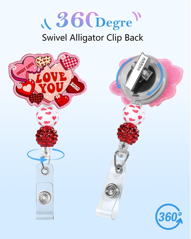 Besoar Valentine Badge Reel Holder Clip - Cute Heart Pink Red Cookies Retractable ID Name Card Badge Reel with Charm Alligator Clip, Office Nurse Nursing Medical Worker Student Accessories Gifts - Image 4