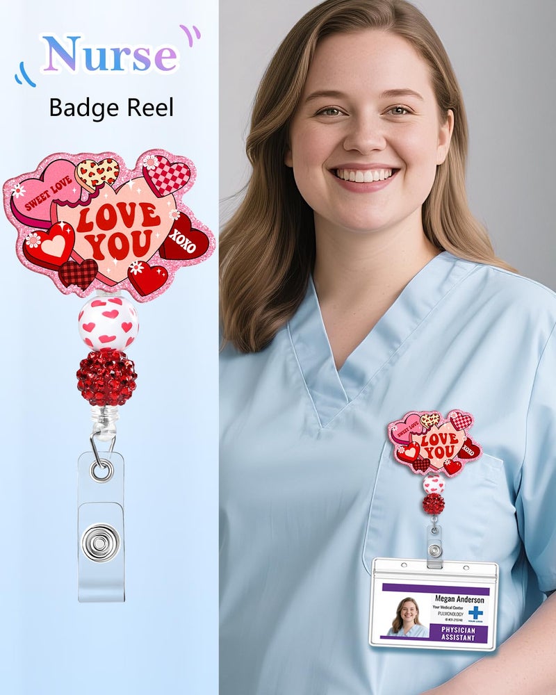 Besoar Valentine Badge Reel Holder Clip - Cute Heart Pink Red Cookies Retractable ID Name Card Badge Reel with Charm Alligator Clip, Office Nurse Nursing Medical Worker Student Accessories Gifts - Image 2