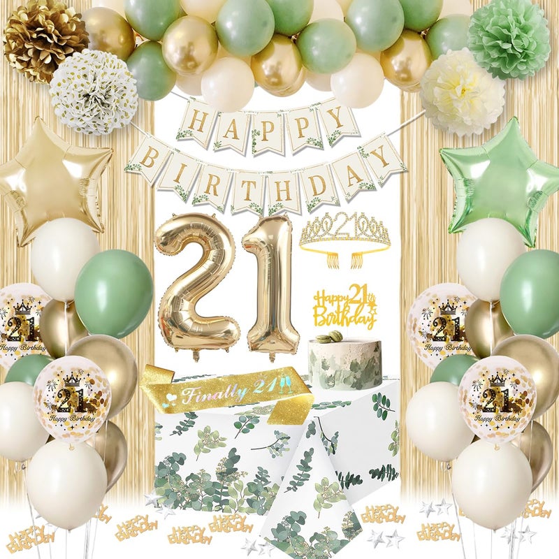 KISPATTI 21st Birthday Decorations for Her Sage Green Happy 21st Happy Birthday Banner 21 Bday Sash Crown Tablecloth Fringe Curtain Cake Topper For Women 21 Bday Party Decor - Image 3