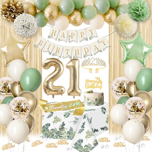 KISPATTI 21st Birthday Decorations for Her Sage Green Happy 21st Happy Birthday Banner 21 Bday Sash Crown Tablecloth Fringe Curtain Cake Topper For Women 21 Bday Party Decor - Image 1
