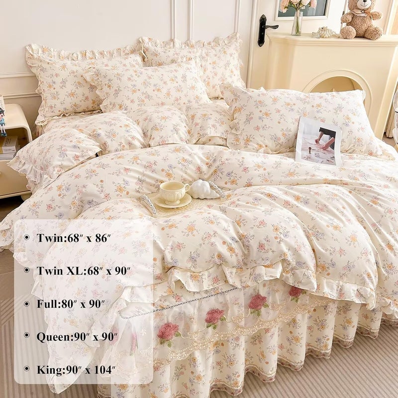 AMZTOP غطاء لحاف قطني مزهر مقاس كبير 3 قطع، غطاء لحاف 100% قطن مع 2 غطاء وسادة مع دانتيل، أغطية لحاف وردية ريفية جمالية قابلة للتنفس ناعمة مريحة مقاس كبير 104"×90" - Image 4