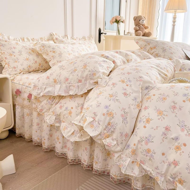 AMZTOP غطاء لحاف قطني مزهر مقاس كبير 3 قطع، غطاء لحاف 100% قطن مع 2 غطاء وسادة مع دانتيل، أغطية لحاف وردية ريفية جمالية قابلة للتنفس ناعمة مريحة مقاس كبير 104"×90" - Image 1