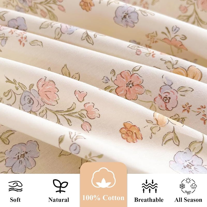 AMZTOP غطاء لحاف قطني مزهر مقاس كبير 3 قطع، غطاء لحاف 100% قطن مع 2 غطاء وسادة مع دانتيل، أغطية لحاف وردية ريفية جمالية قابلة للتنفس ناعمة مريحة مقاس كبير 104"×90" - Image 3