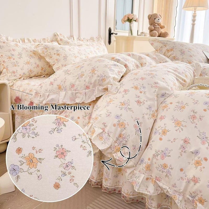 AMZTOP غطاء لحاف قطني مزهر مقاس كبير 3 قطع، غطاء لحاف 100% قطن مع 2 غطاء وسادة مع دانتيل، أغطية لحاف وردية ريفية جمالية قابلة للتنفس ناعمة مريحة مقاس كبير 104"×90" - Image 5