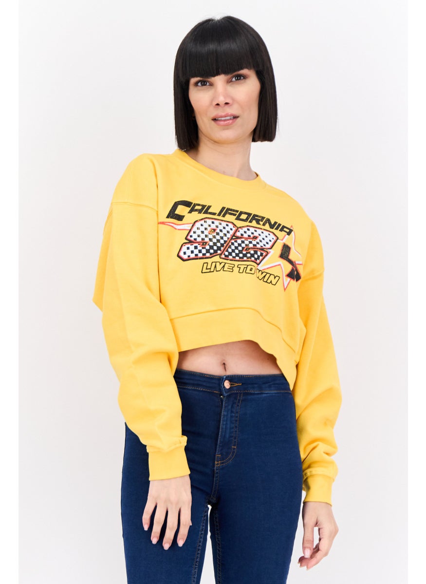 Bershka Women Crew Neck Graphic Print Long Sleeves Sweatshirt, Yellow Combo  - Image 1