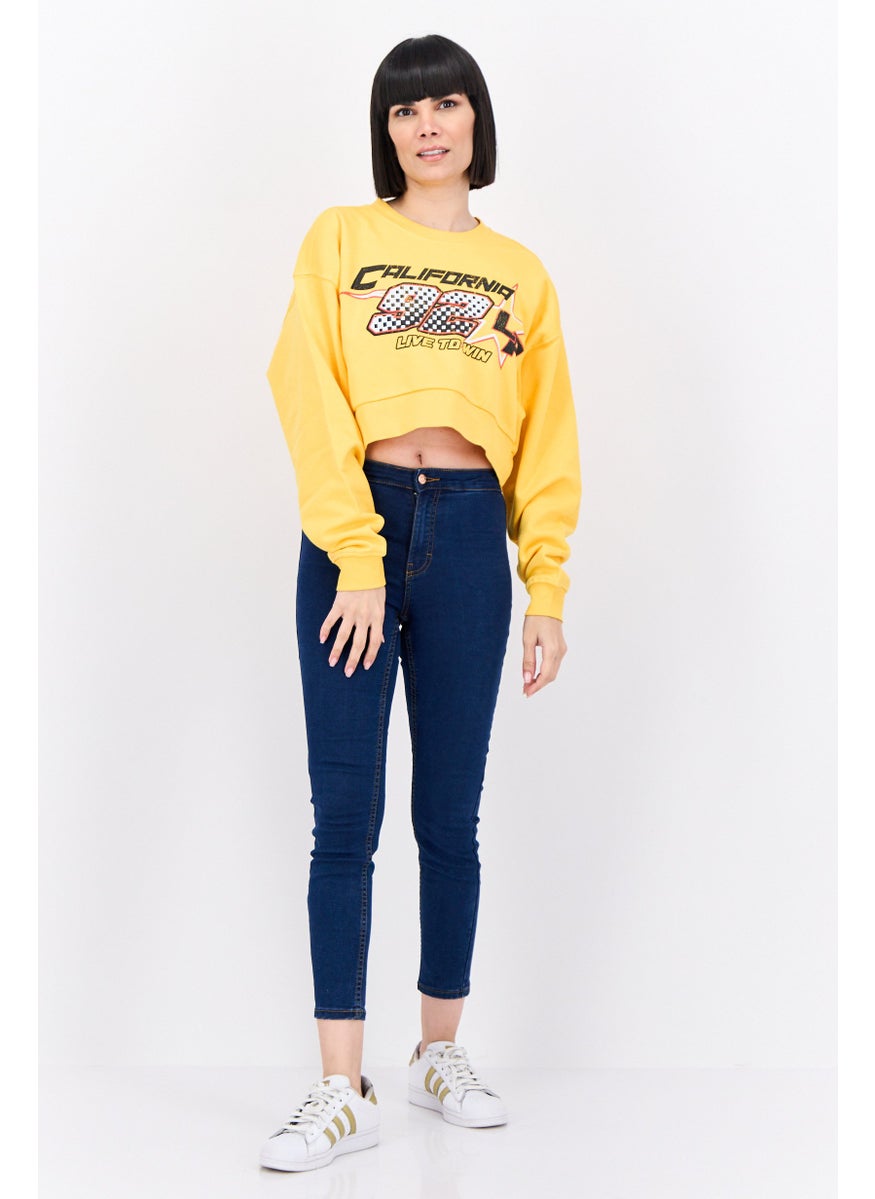 Bershka Women Crew Neck Graphic Print Long Sleeves Sweatshirt, Yellow Combo  - Image 4