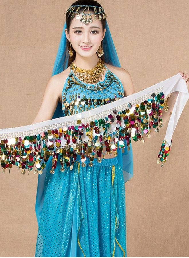 Loquat Colorful Sequin And Coins Pendant Waist Chain Skirt Sparkly Belly Dance Tassel Waist Wrap Belt Skirts Party Rave Costume White Mix