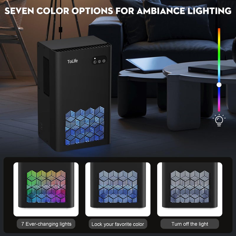 ToLife Dehumidifier for Home, 1000 sq.ft Dehumidifiers for Basement Bedroom Bathroom with 95 OZ Water Tank, Auto Shut Off 7 Colors LED Light, Black - Image 5