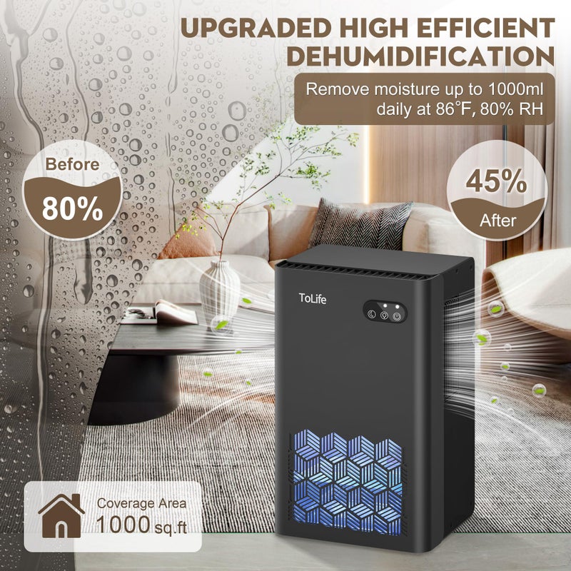 ToLife Dehumidifier for Home, 1000 sq.ft Dehumidifiers for Basement Bedroom Bathroom with 95 OZ Water Tank, Auto Shut Off 7 Colors LED Light, Black - Image 2
