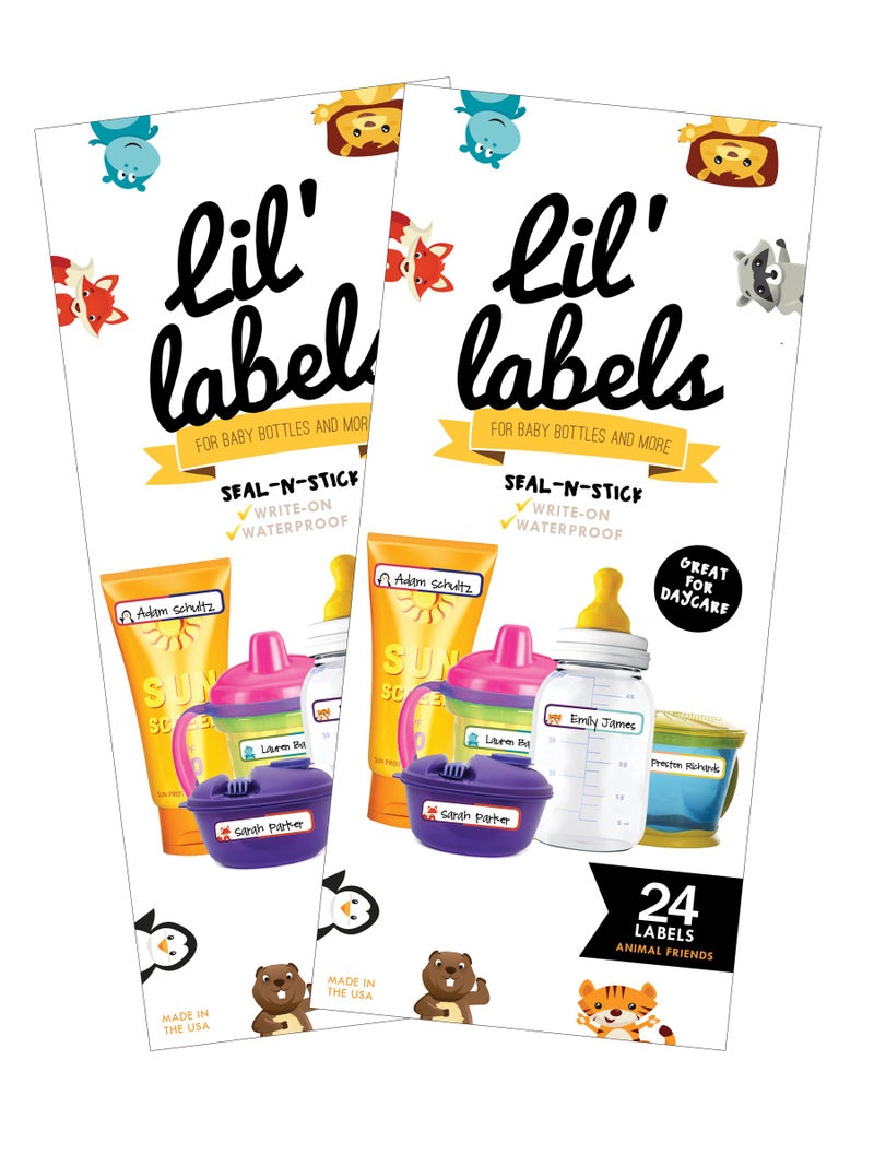 Lil' Labels Bottle Labels, Write-On Name, Self-Laminating, Waterproof, Baby Bottle Label for Daycare, Made in The USA (Animal Friends Set of 2) - Image 1