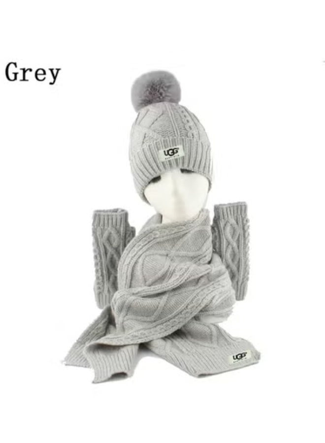 UGG Grey Cable-Knit Winter Set (Beanie, Scarf, and Arm Warmers)