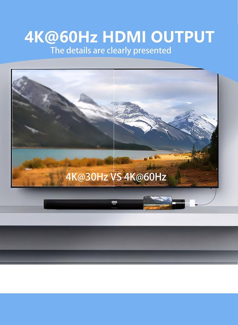 وعي محول USB-C إلى HDMI للتلفزيون، يدعم دقة 4K بمعدل 60 هرتز، مزود بمنفذ شحن، متوافق مع أجهزة iPhone 16/15 وiPad Pro وGalaxy وMacBook Pro، ويمكن استخدامه مع أجهزة العرض عالية الدقة. - Image 4