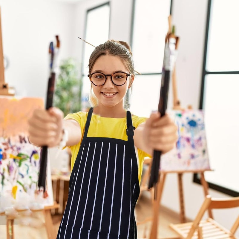 multifuns Kids apron 2 Pack adjustable strap with pockets polyester cotton blend painting cooking art baking aprons for kids age 7-12 years boys girls (Black stripes) - Image 5