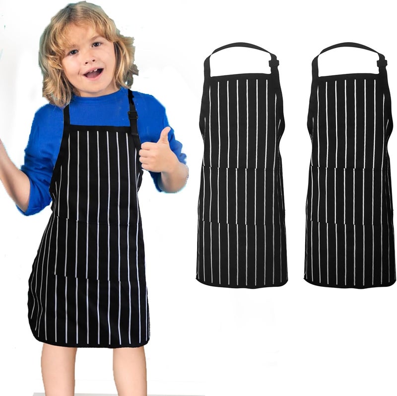 multifuns Kids apron 2 Pack adjustable strap with pockets polyester cotton blend painting cooking art baking aprons for kids age 7-12 years boys girls (Black stripes) - Image 1