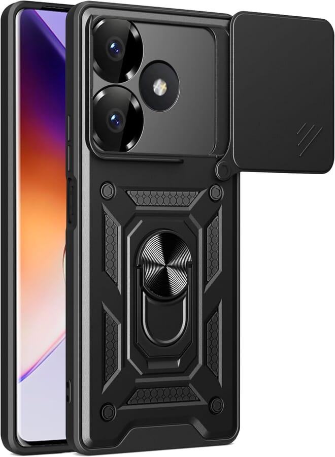 UNBLACK Unblack case compatible with Realme C63 4G / realme C61 4G, Premium Protection Back Case with Camera Slide Cover with Ring Stand Shockproof Case for Realme C63 / realme C61 (Black)