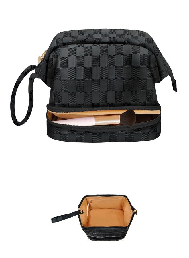 NGIL Faux Leather Cosmetic Bag for Women, Makeup Bag Organizer, Makeup Brush Storage, Portable Travel Bag for Toiletries (Checkered, Black, Medium) - Image 1