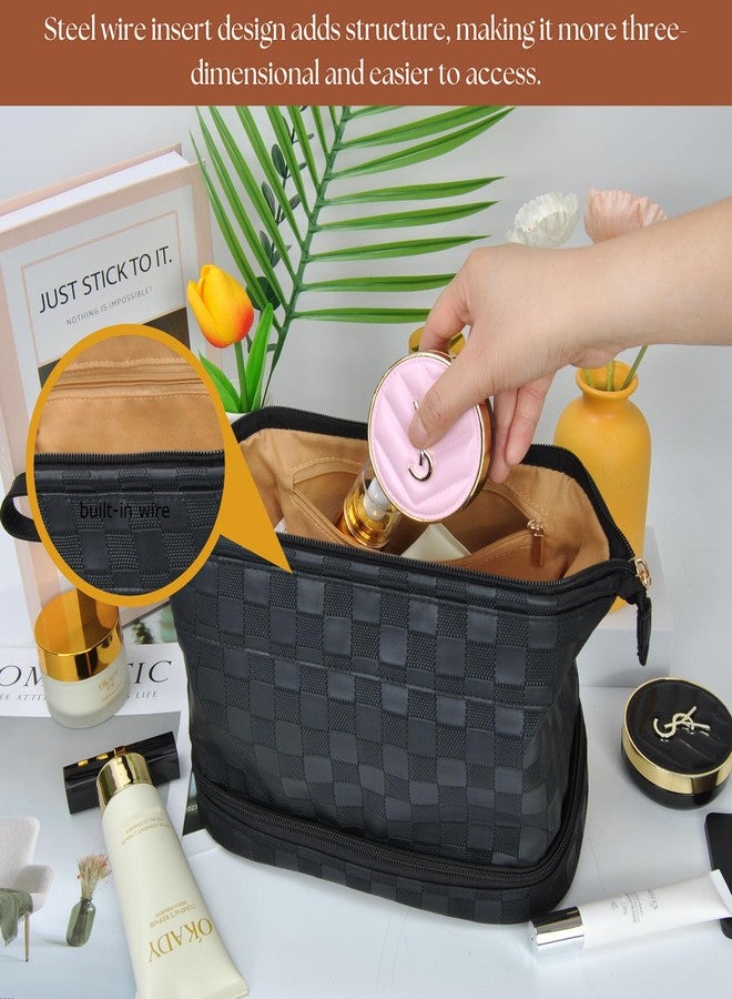 NGIL Faux Leather Cosmetic Bag for Women, Makeup Bag Organizer, Makeup Brush Storage, Portable Travel Bag for Toiletries (Checkered, Black, Medium) - Image 3