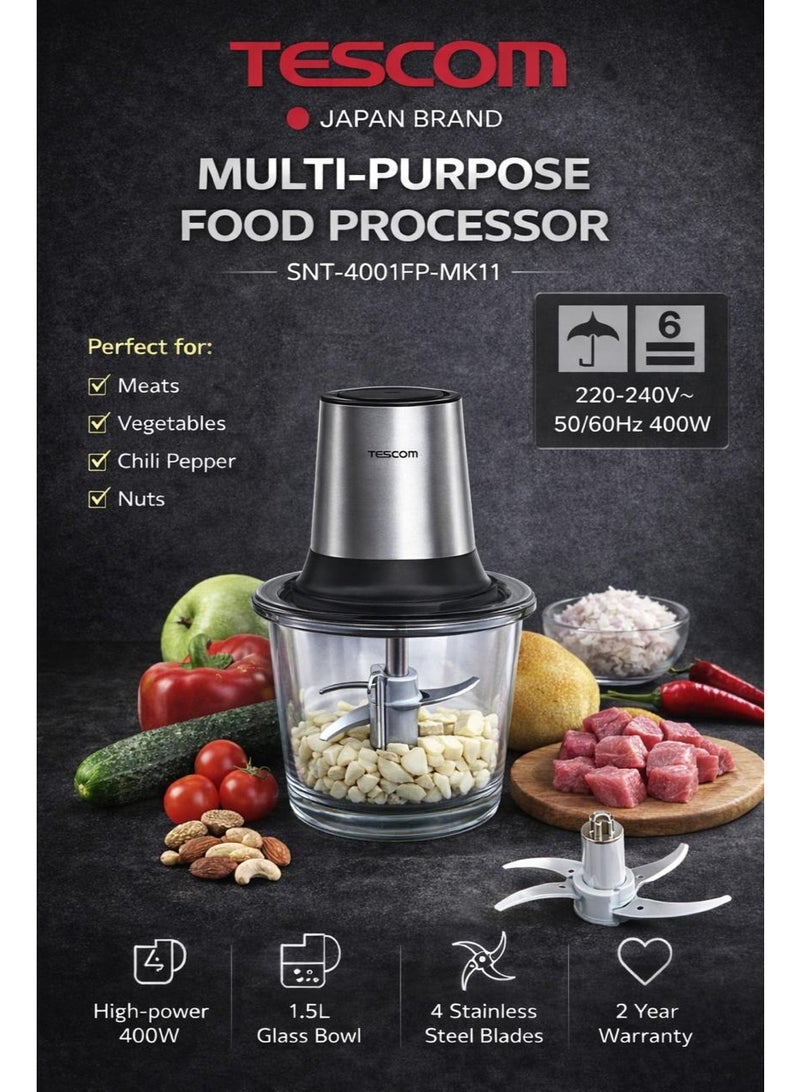 Tescom Multi Purpose Food Processor, 1.5L Glass Bowl, 4 Steel Blades - Image 1