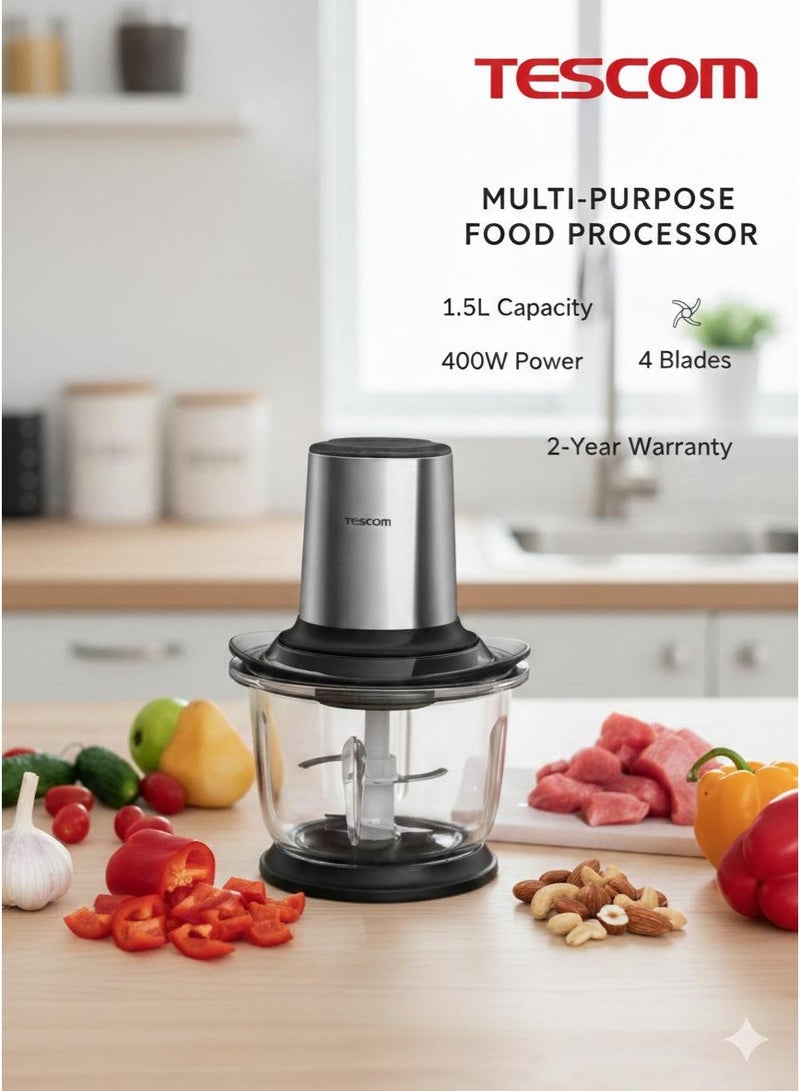 Tescom Multi Purpose Food Processor, 1.5L Glass Bowl, 4 Steel Blades - Image 2