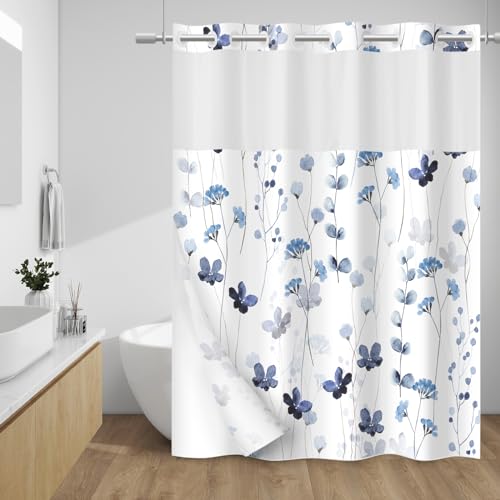 WITHLOC No Hook Shower Curtain with Snap in Liner - Watercolor Floral Shower Curtain - Fabric Waterproof Inner Liner, Plants Blue Flowers White Cloth Shower Curtains - Machine Washable, 71 x 74 - Image 1