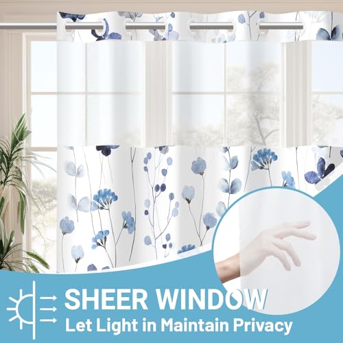 WITHLOC No Hook Shower Curtain with Snap in Liner - Watercolor Floral Shower Curtain - Fabric Waterproof Inner Liner, Plants Blue Flowers White Cloth Shower Curtains - Machine Washable, 71 x 74 - Image 2