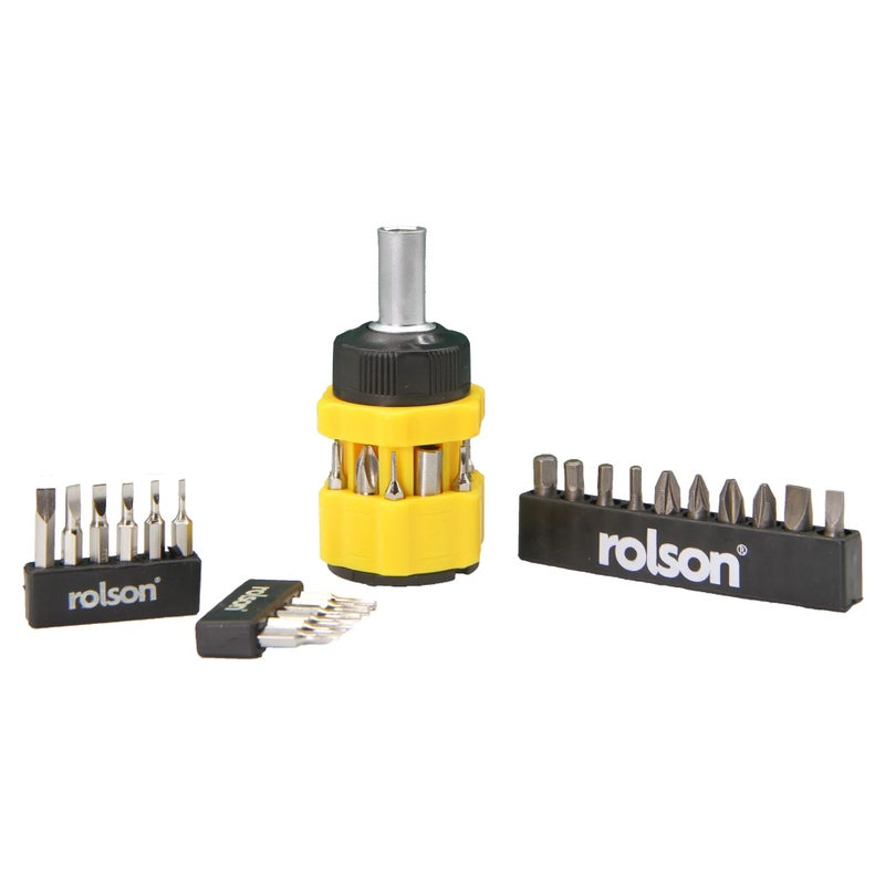 Rolson 28399 34pc Stubby Ratchet Screwdriver & Bit Set - Forward/Reverse Ratcheting Handle, Precision & ¼″ Hex Bits, Compact Repair Tool Kit