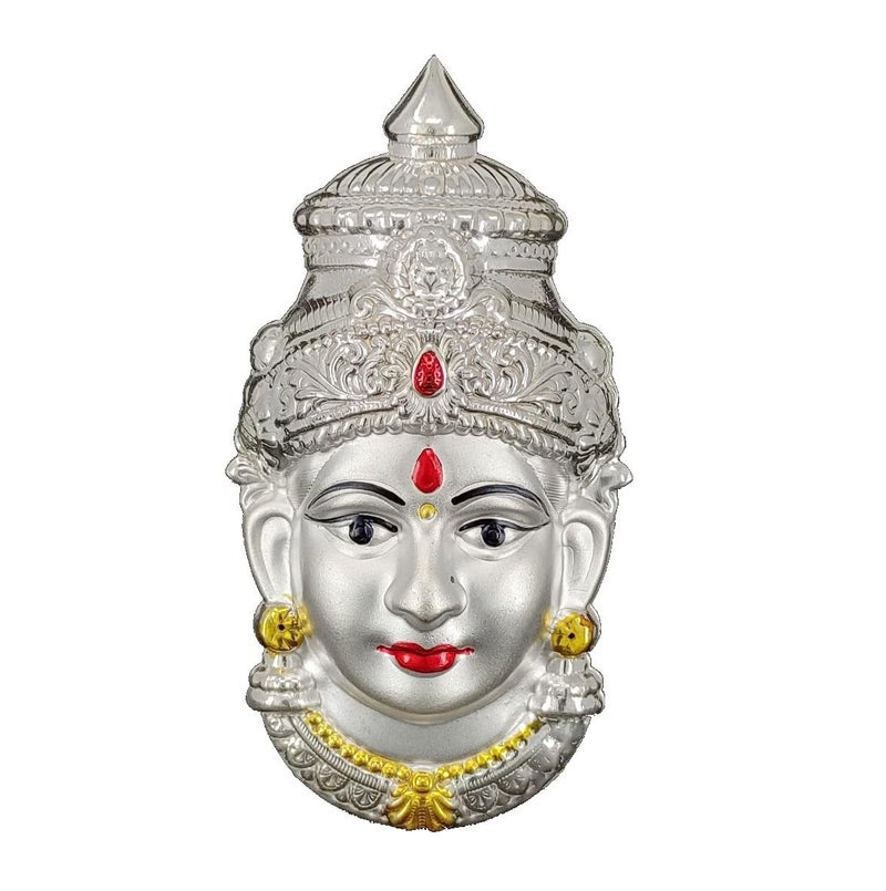 BENGALEN Lakshmi Devi Mukhota German Silver Matte 7 Inch Laxmi Idol Statue for Daily Pooja Occasion Puja Gifts Items for Temple Home Office and Festive Return Gift Items - Image 5