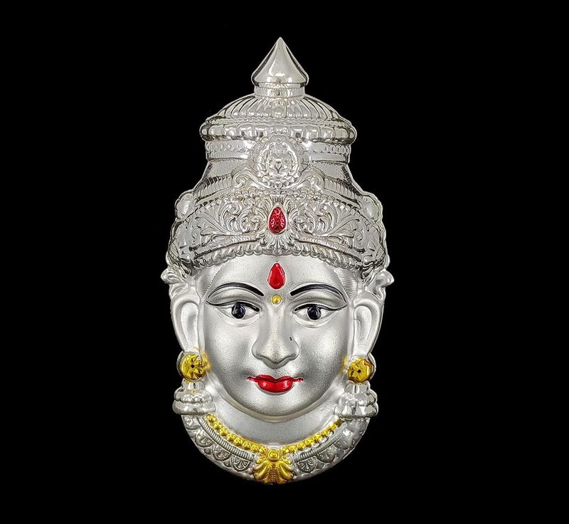 BENGALEN Lakshmi Devi Mukhota German Silver Matte 7 Inch Laxmi Idol Statue for Daily Pooja Occasion Puja Gifts Items for Temple Home Office and Festive Return Gift Items - Image 2