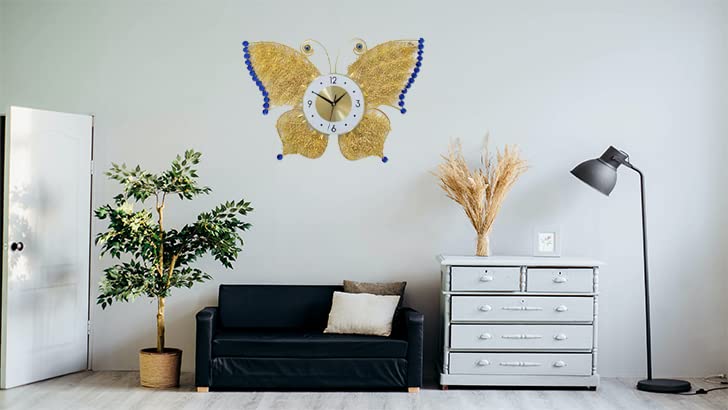 RONTENO Metal 3D Creative Butterfly Wall Clock for Home at Drawing Room Birds Theme Round Analog dial (Gold Blue, 63 cm x 43 cm x 5 cm) - Image 3