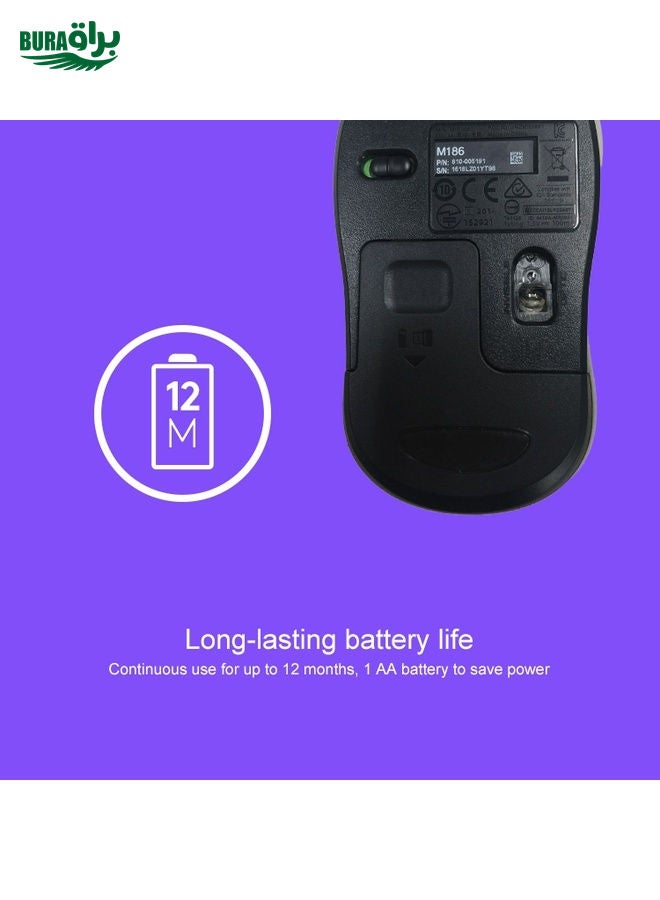 Logitech M186 Wireless Mouse Office Power Saving USB Laptop Desktop Computer Universal (Black Blue)