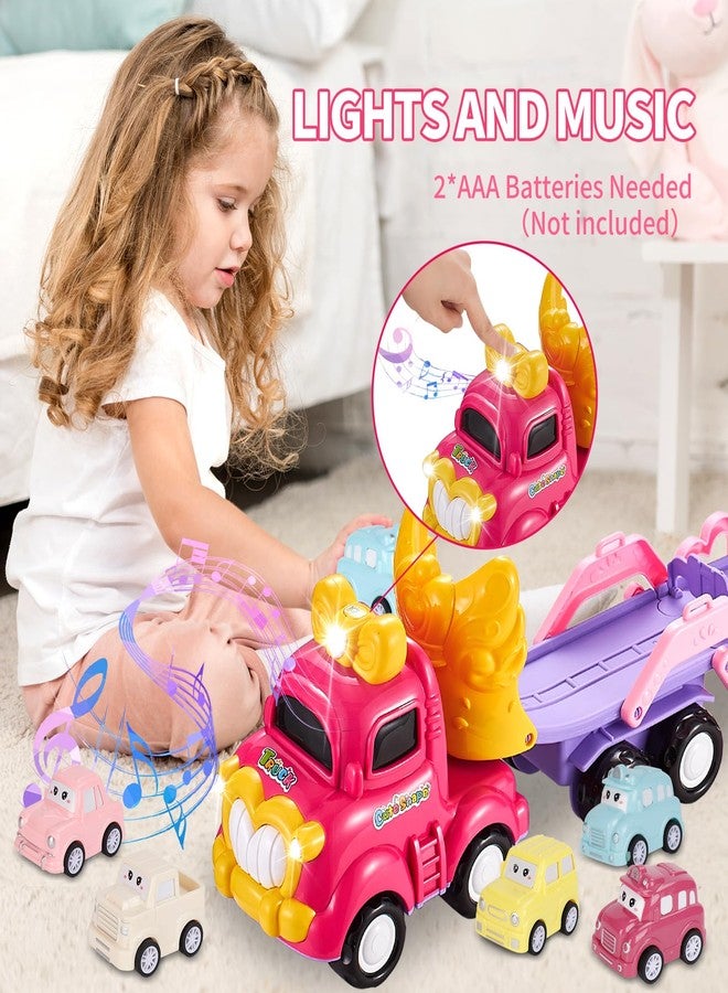 Sciencow Toddler Girls Cars for 1 2 3 4 5 Year Old,7-in-1 Pink Princess Foldable Transport Carrier Trucks with Lights and Music,Birthday Presents for 1-3 3-5 Yrs Old Babys - Image 2
