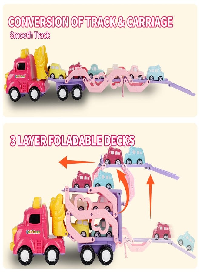 Sciencow Toddler Girls Cars for 1 2 3 4 5 Year Old,7-in-1 Pink Princess Foldable Transport Carrier Trucks with Lights and Music,Birthday Presents for 1-3 3-5 Yrs Old Babys - Image 3